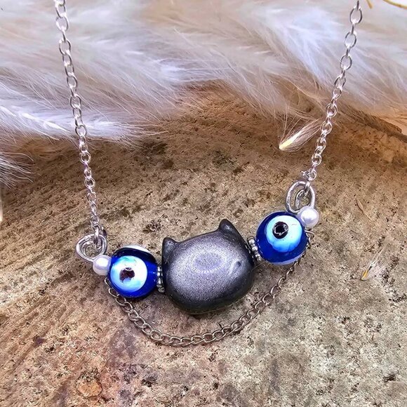 Nature Silver Obsidian Cat & Evil Eye Pendant Necklace - Picture 3 of 10